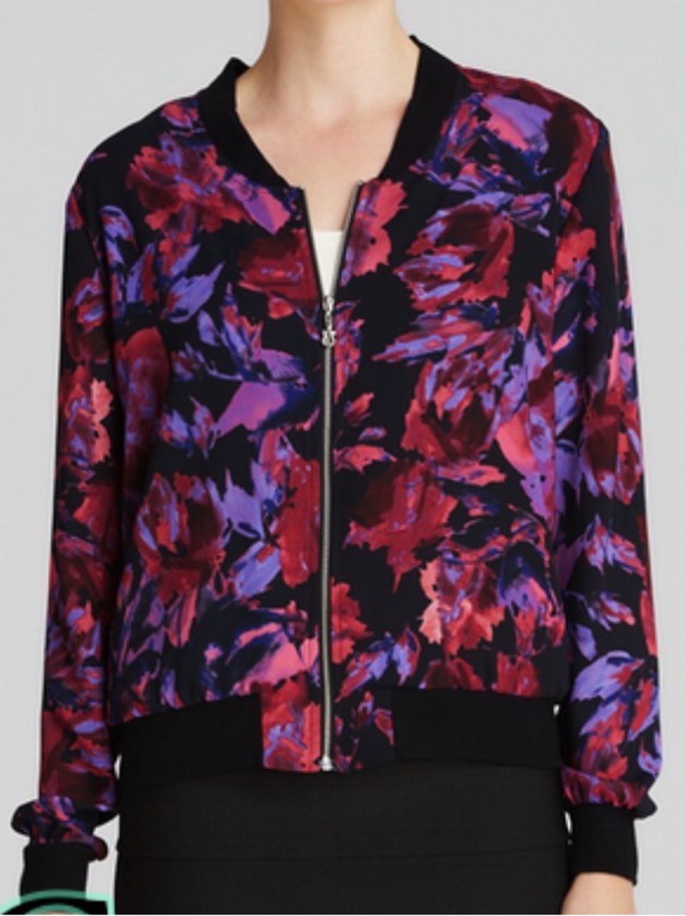 Aqua Black Stella Bomber Jacket with Black Magenta Purple Floral Print